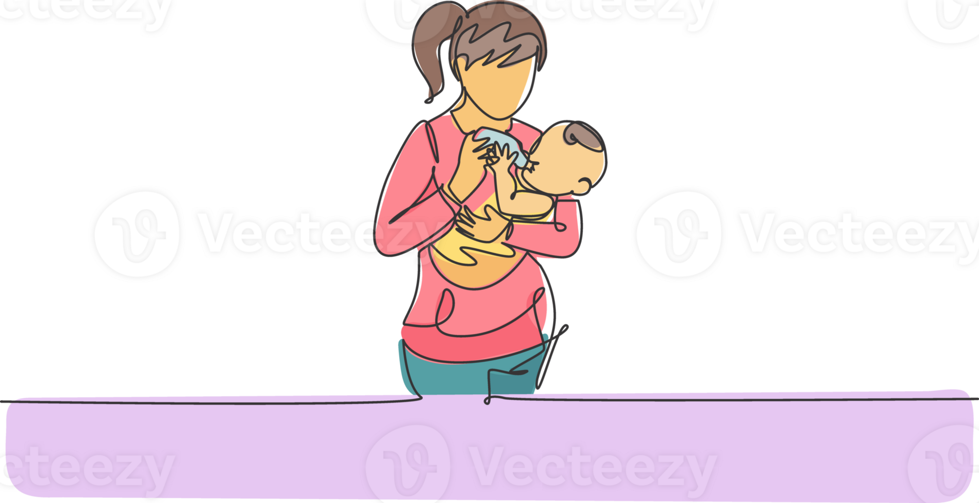 One single line drawing of young mother carrying and feeding her baby with nutritious food at home illustration. Happy parenting learning concept. Modern continuous line draw graphic design png