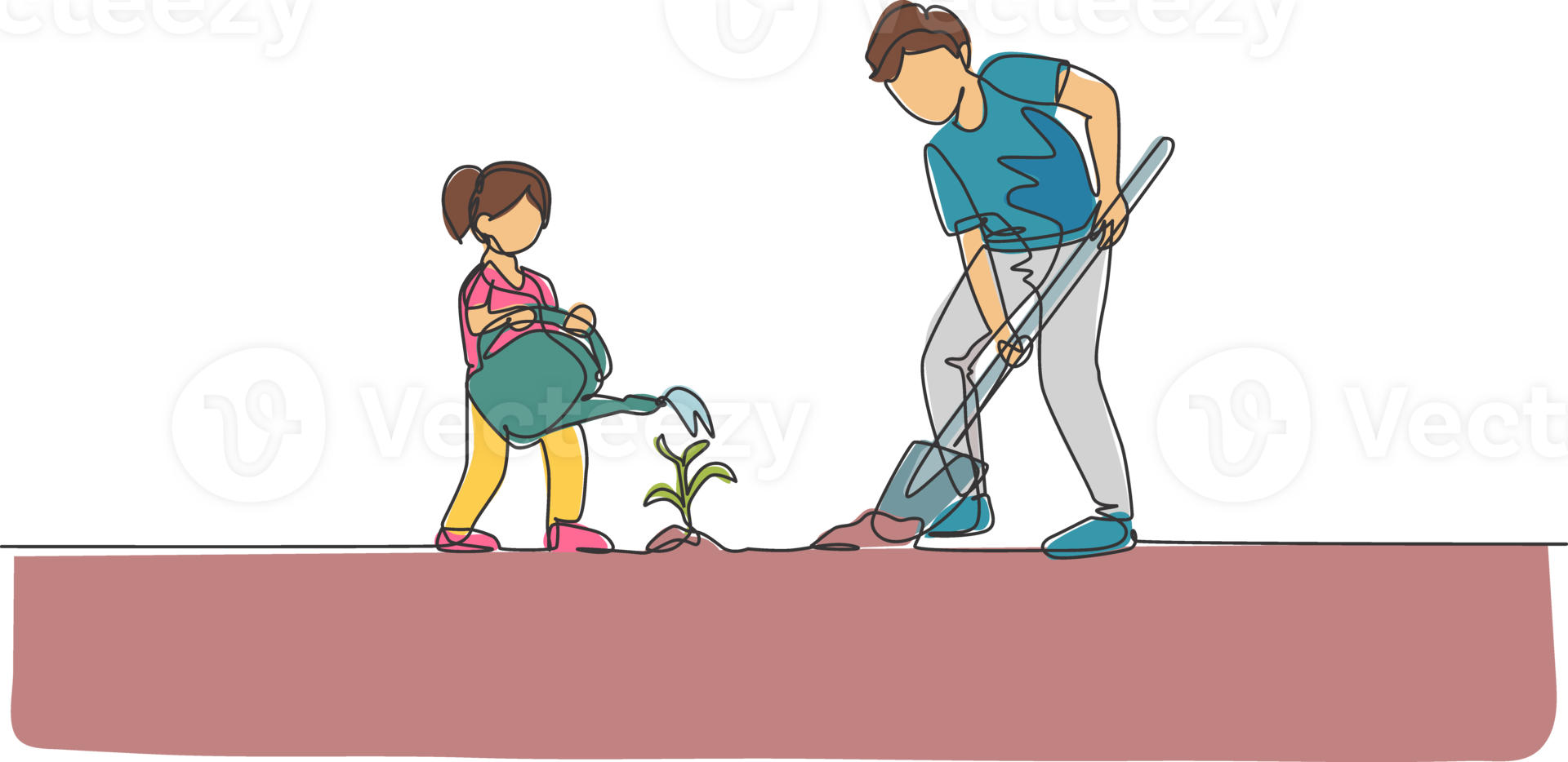 One single line drawing young father digging ground using shovel and daughter watering a plant at home garden illustration. Happy parenting learning concept. Continuous line graphic draw design png