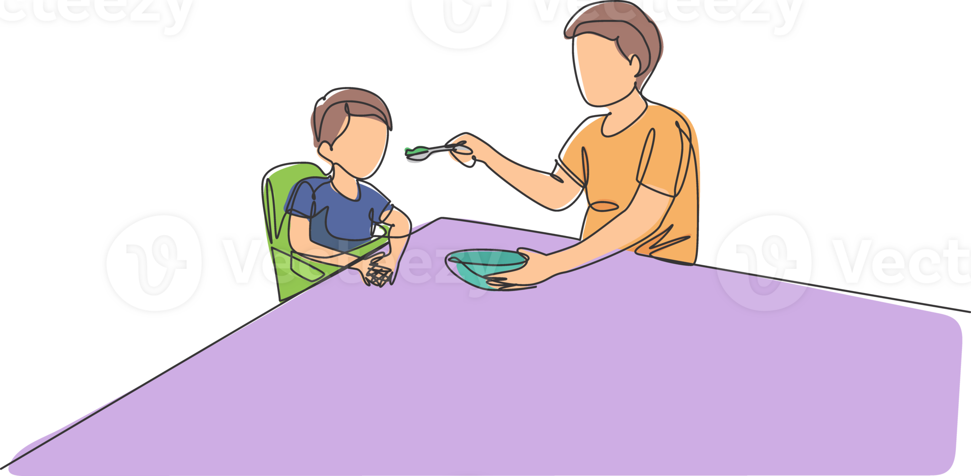 One continuous line drawing of young father feeding his sick fever son while siting on dining chair at home. Happy family parenting concept. Dynamic single line draw design graphic illustration png