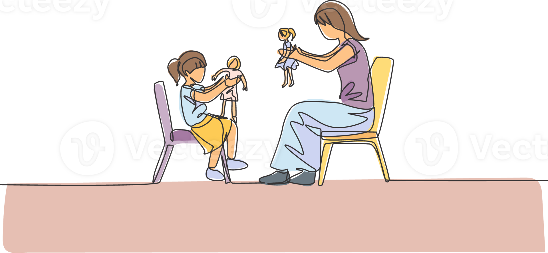 One single line drawing of young mom and her daughter siting on chair and playing princess doll together at home illustration. Happy family bonding concept. Modern continuous line draw design png