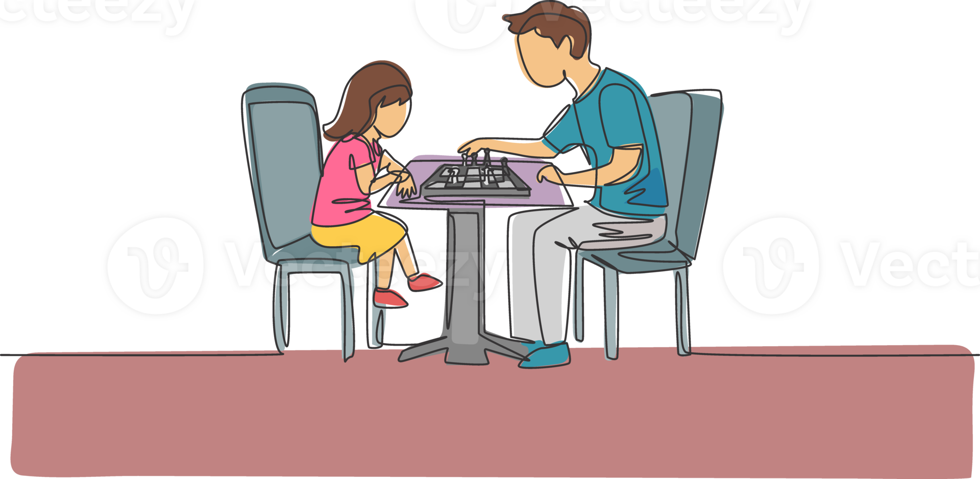 Single continuous line drawing of young father siting on chair think seriously playing chess against his daughter at home. Happy family parenthood concept. One line draw design illustration png