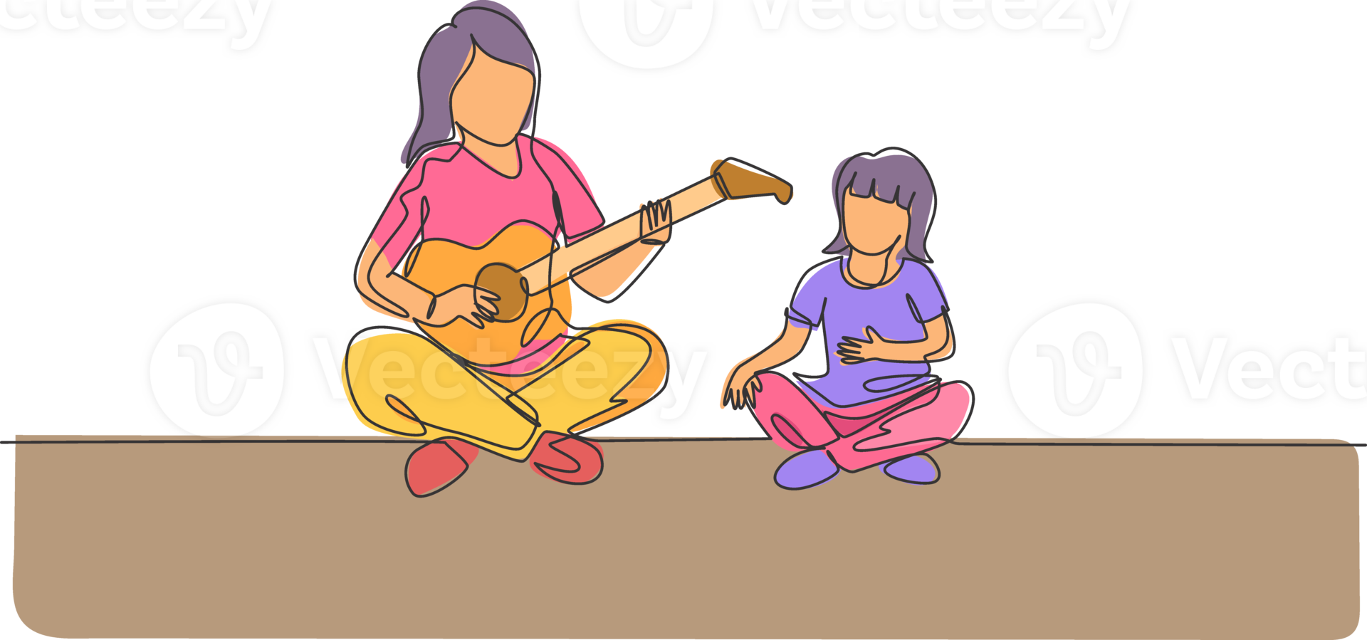 Single continuous line drawing of young mother playing guitar and happy singing together with her daughter at home. Happy family parenthood concept. Trendy one line draw design illustration png