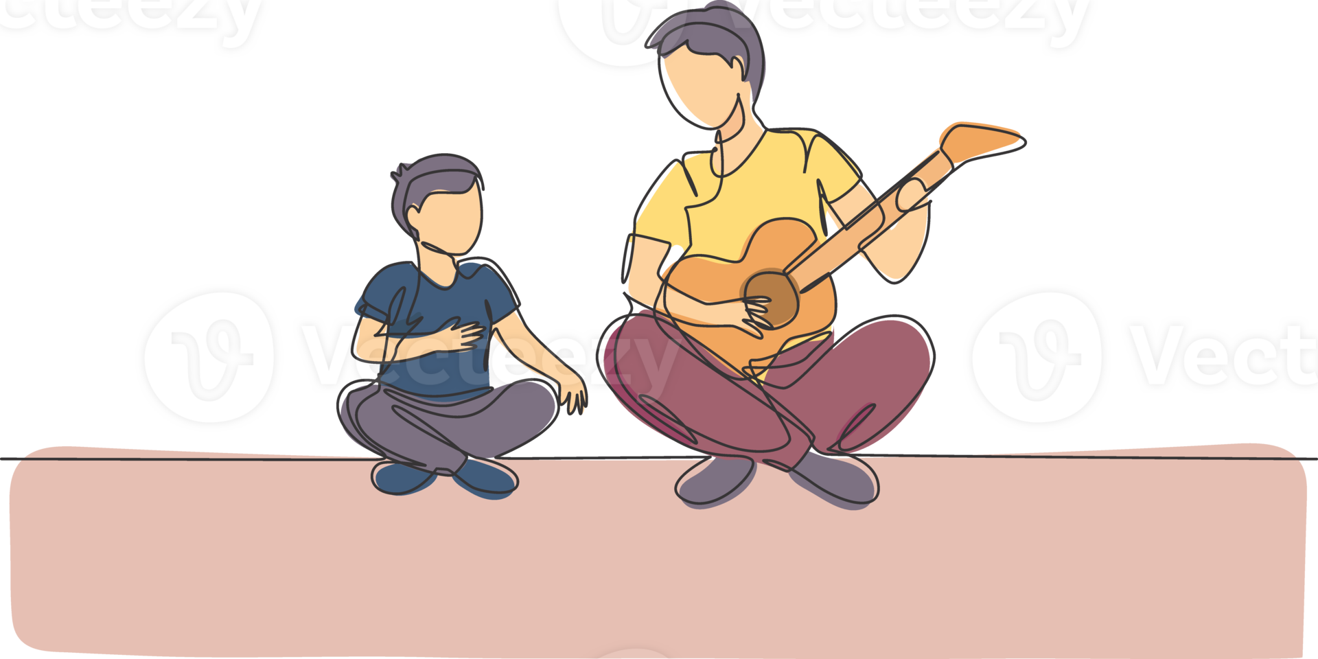 One continuous line drawing of young dad playing guitar and happy singing together with his son at home. Happy family parenthood concept. Dynamic single line draw design graphic illustration png