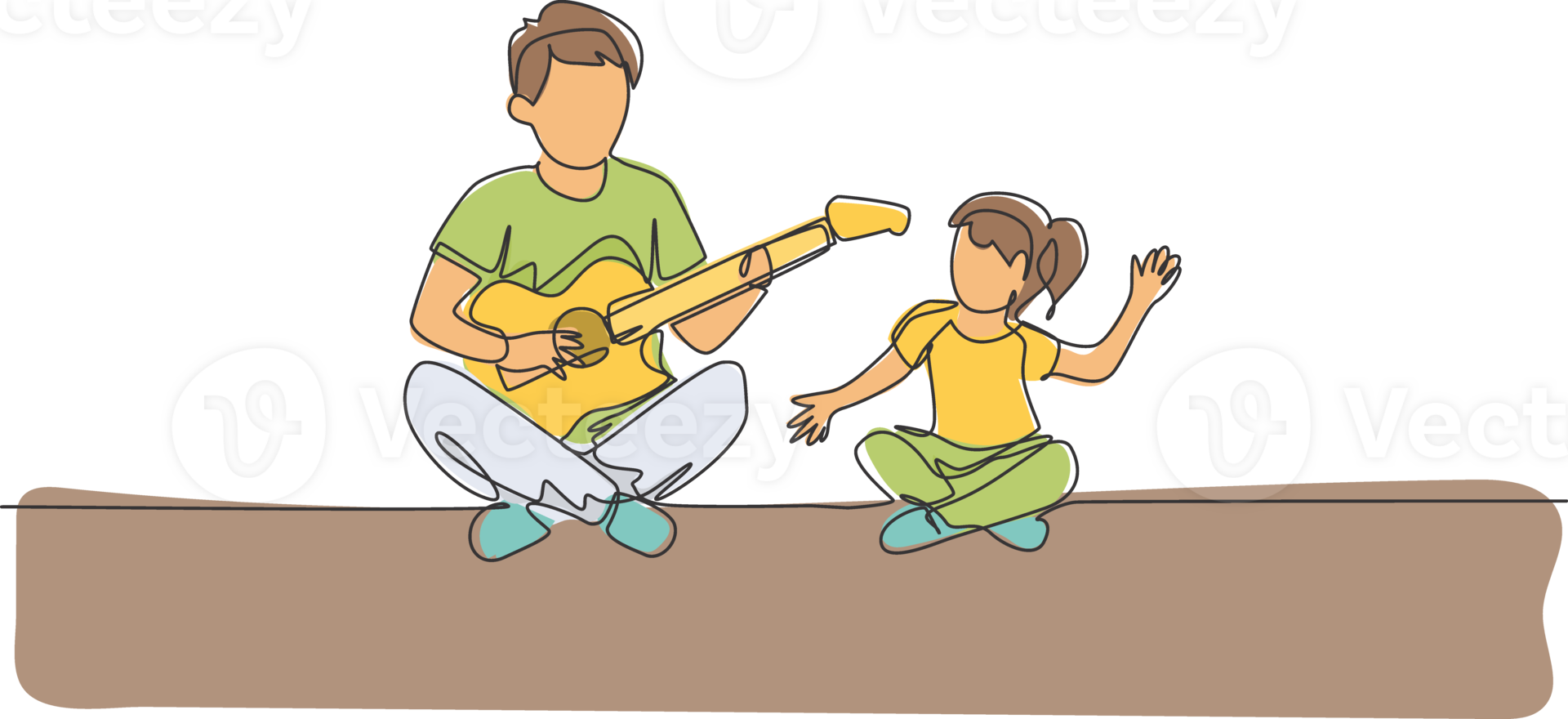 One single line drawing young father playing guitar and happy singing together with his daughter at home graphic illustration. Happy family bonding concept. Modern continuous line draw design png
