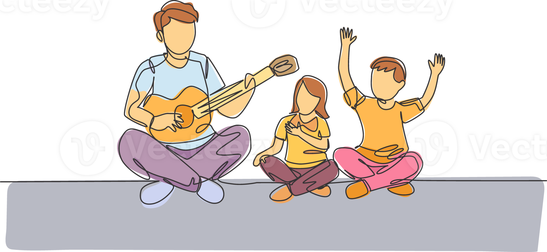 One continuous line drawing of young cheerful father playing guitar and singing together with kids at home. Happy family parenthood concept. Dynamic single line draw design illustration png