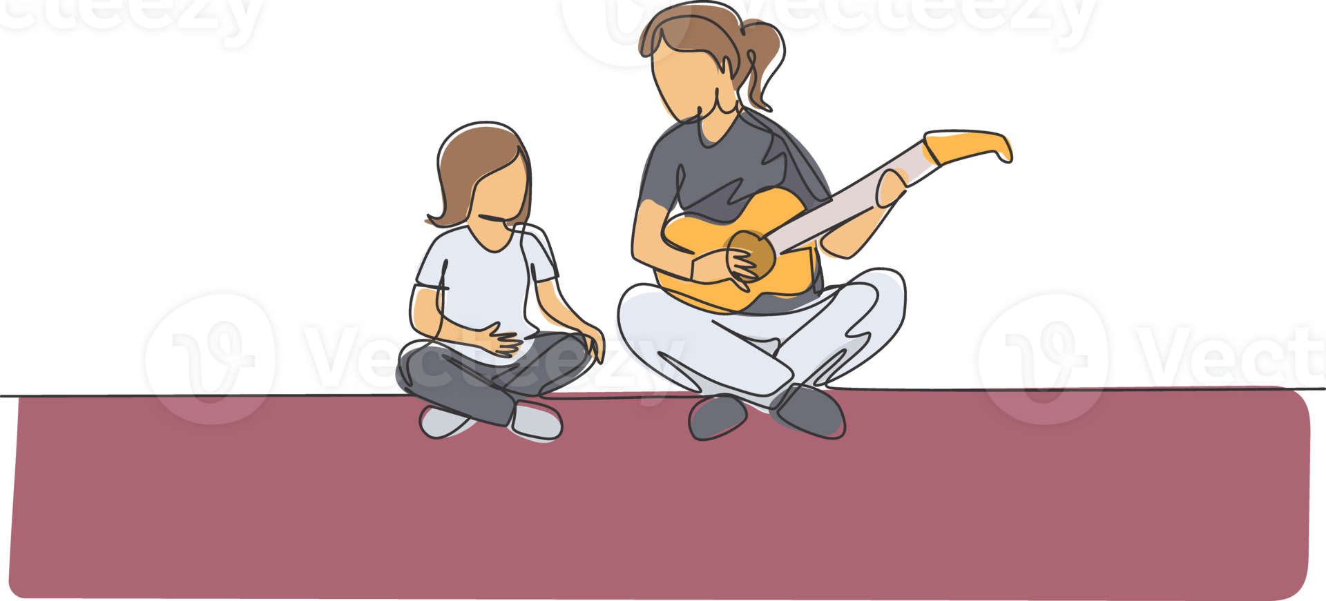 One single line drawing of young mom playing guitar and happy singing together with her son at home graphic illustration. Happy family bonding concept. Modern continuous line draw design png