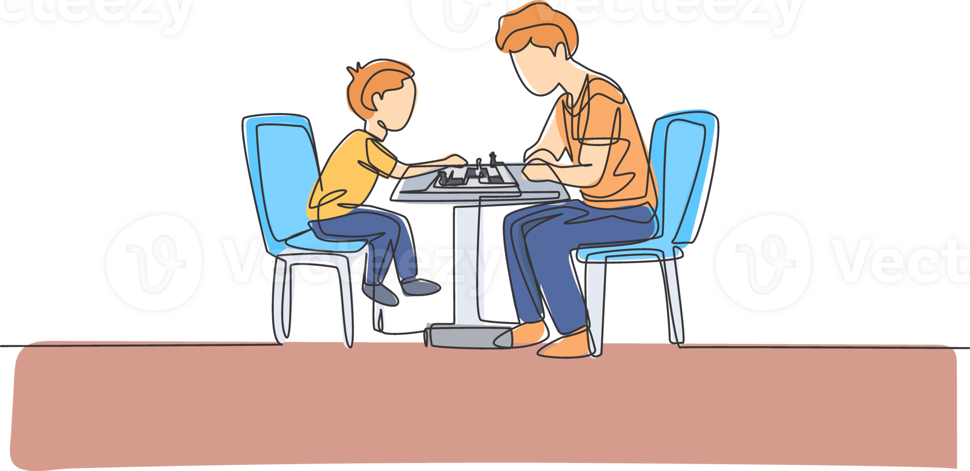 einer kontinuierlich Linie Zeichnung jung Papa und seine Sohn Standort auf Stuhl und spielen Schach Spiel zusammen beim heim. glücklich Familie Elternschaft Konzept. dynamisch Single Linie zeichnen Design Illustration Grafik png