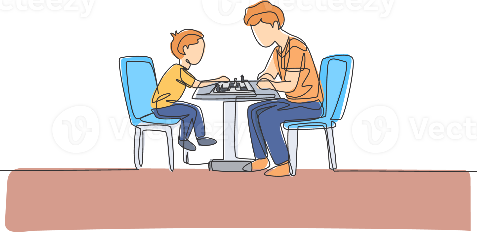 One continuous line drawing young dad and his son siting on chair and playing chess game together at home. Happy family parenthood concept. Dynamic single line draw design illustration graphic png