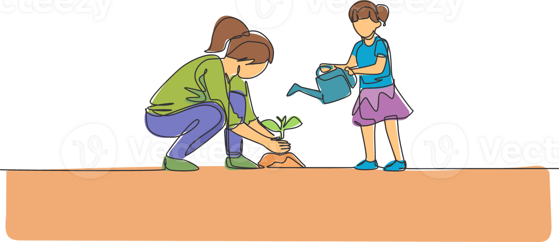 One single line drawing of young mom teach her daughter planting while the kid watering a plant at home garden illustration. Happy parenting learning concept. Modern continuous line draw design png