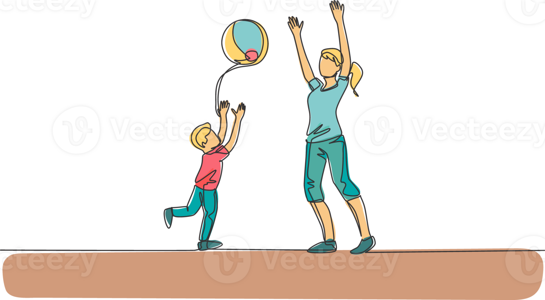 One single line drawing of young mom playing throw beach ball with her son at home graphic illustration. Happy family parenting concept. Modern continuous line draw design png
