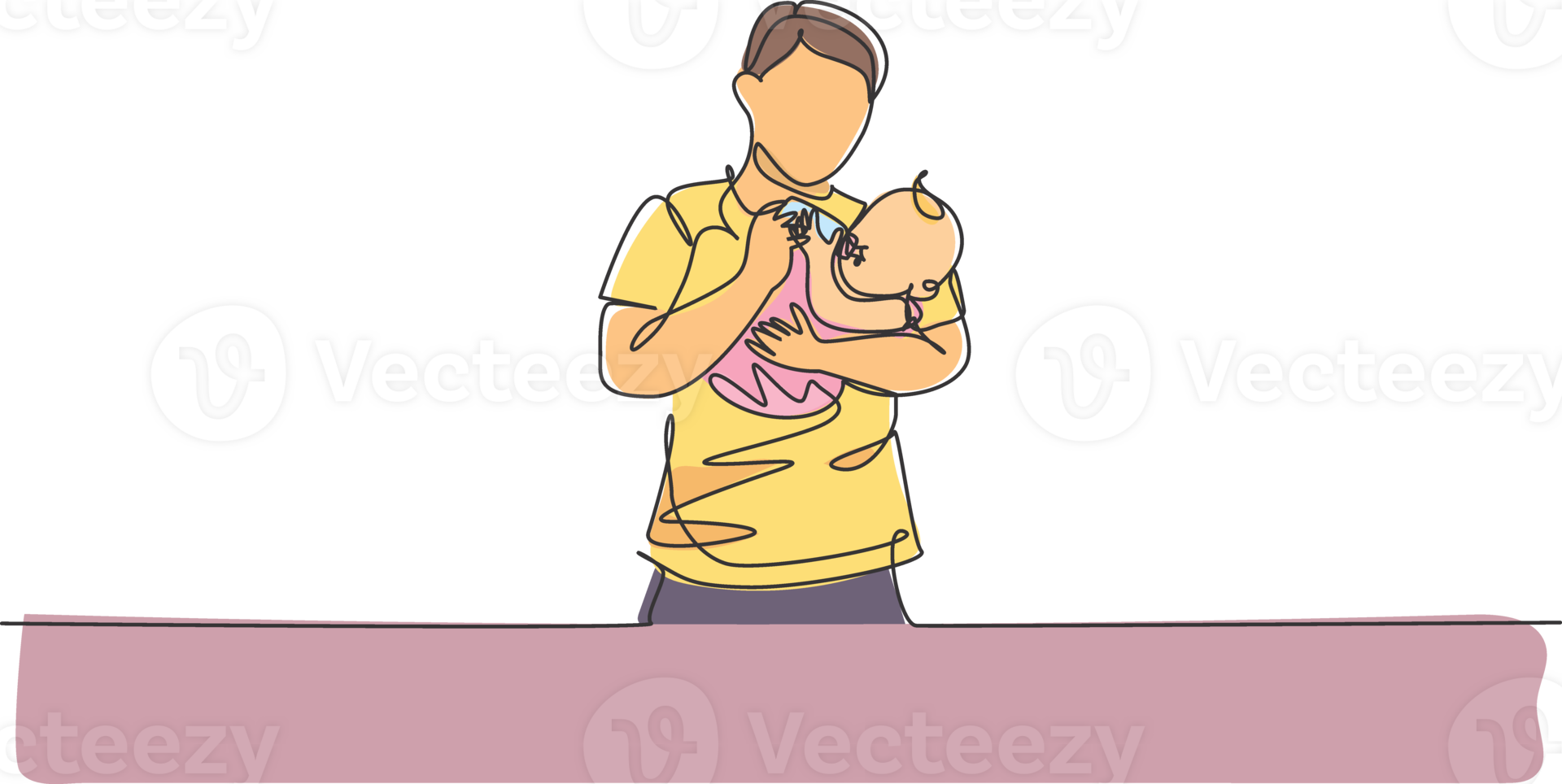One single line drawing of young father carrying and feeding his baby with nutritious food at home graphic illustration. Happy parenting learning concept. Modern continuous line draw design png