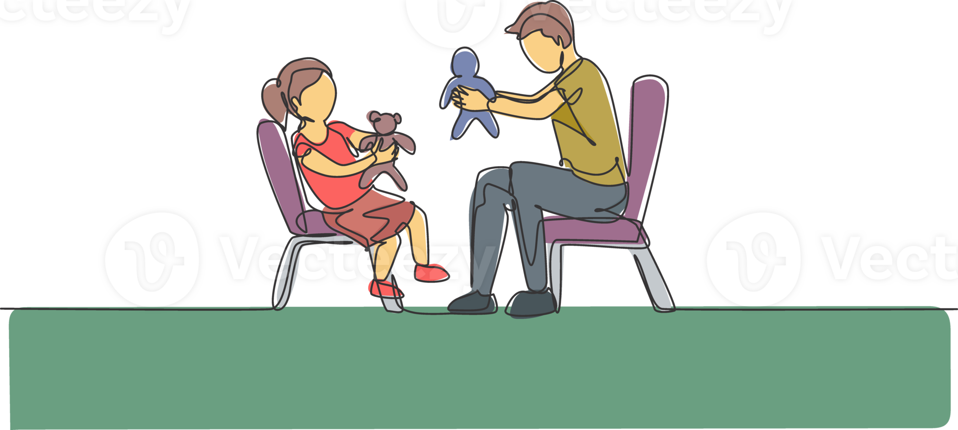 One continuous line drawing young father and his daughter siting on chair and playing princess doll together at home. Happy family concept. Dynamic single line draw design graphic illustration png