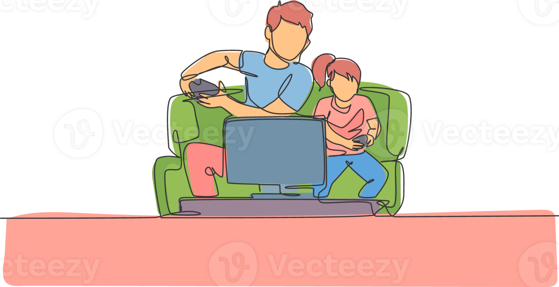 Single continuous line drawing of young father and daughter sitting on sofa while playing video game together at home, happy parenting. Family fun concept. One line draw design illustration png