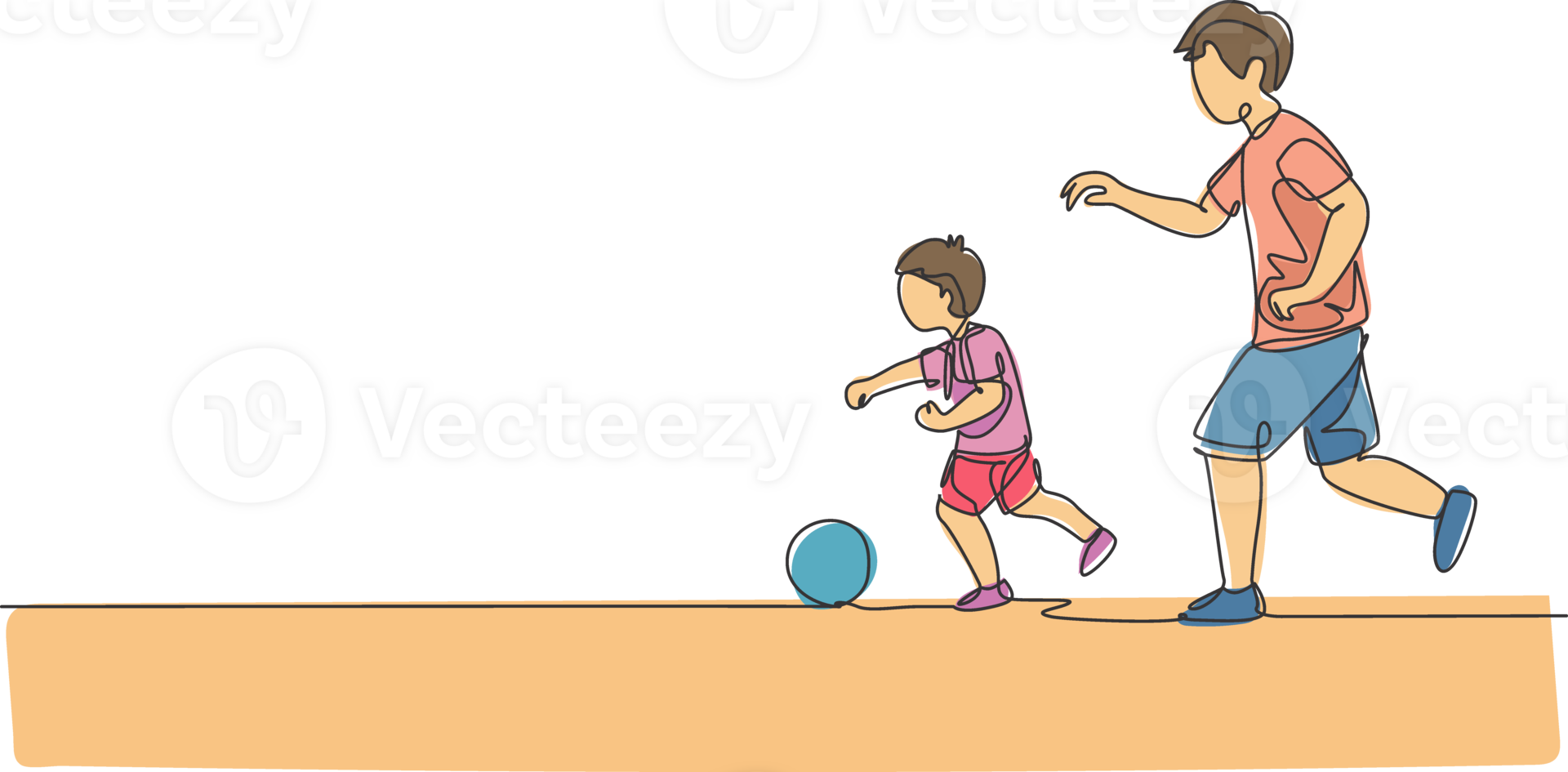 One single line drawing young dad running and playing football soccer with his son in public field park graphic illustration. Happy family parenting concept. Modern continuous line draw design png