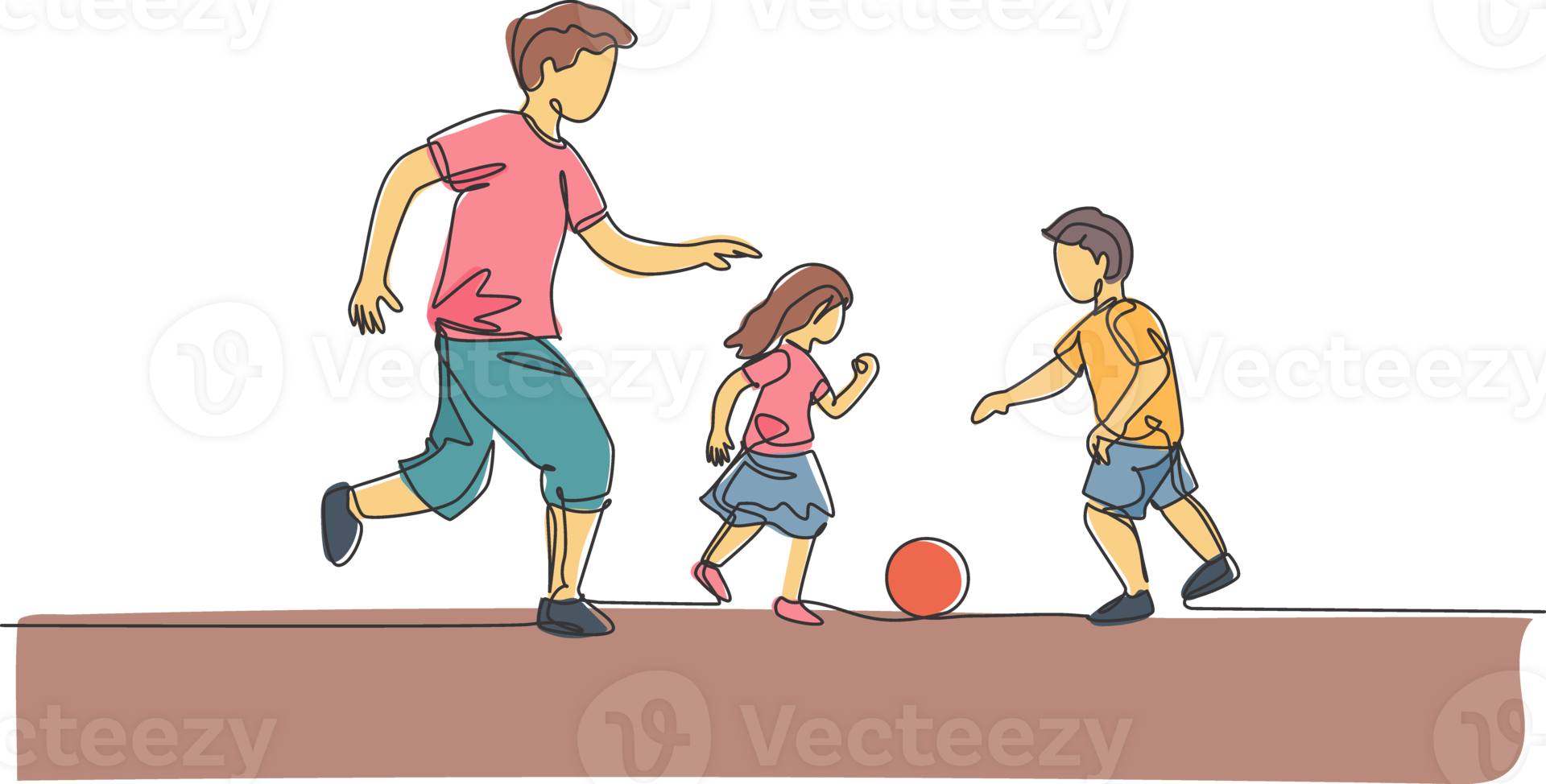 One single line drawing of young father run and play football soccer with his son and daughter at public park illustration. Happy family parenting concept. Modern continuous line draw design png