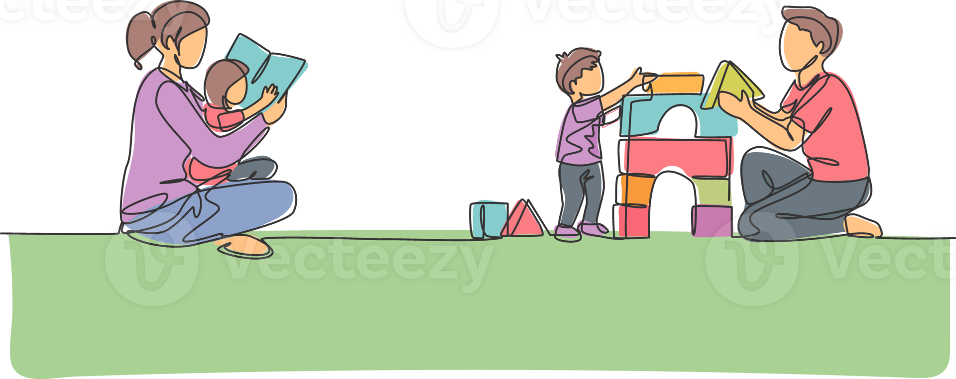 Single continuous line drawing of young mother reading book to daughter and father playing block puzzle house with son at home. Happy family parenting concept. One line draw design illustration png