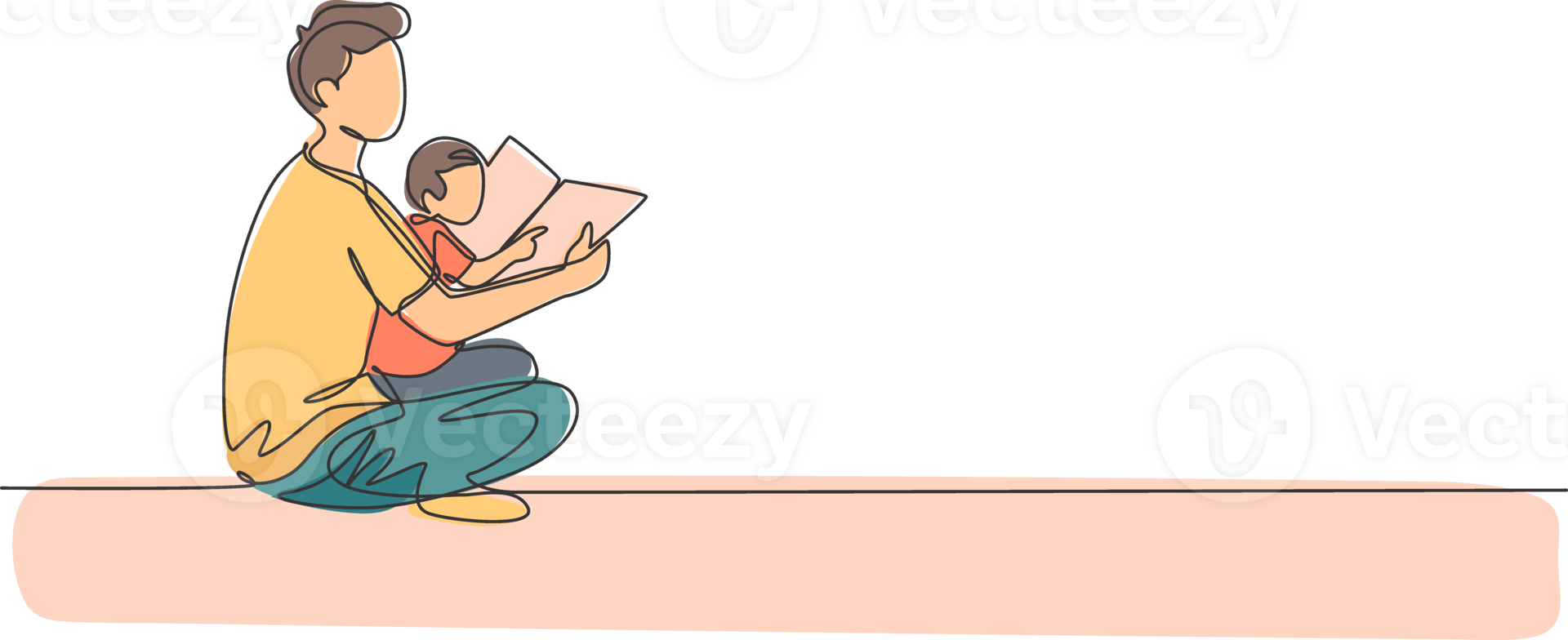 One single line drawing of young father siting on floor and reading story book to his son at home illustration graphic. Happy family parenting concept. Modern continuous line draw design png