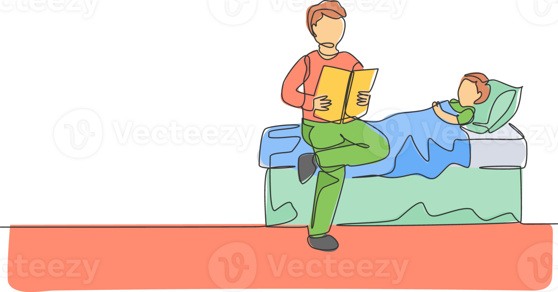One single line drawing of young father sitting on bedroom and reading story book to his son before sleeping illustration. Happy family parenting concept. Modern continuous line draw design png