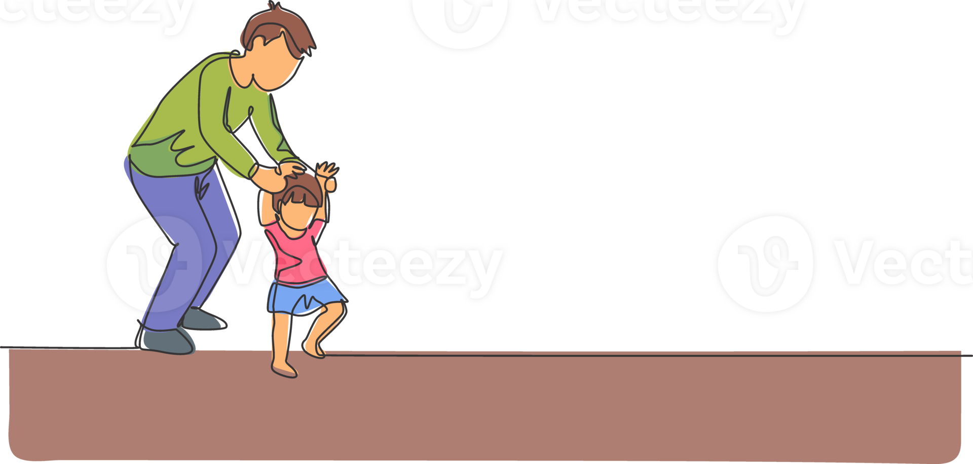 One single line drawing of young dad teaching his daughter learning lead walk at home graphic illustration. Happy family parenting concept. Modern continuous line draw design png