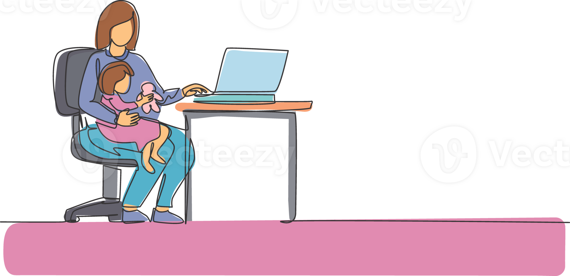 Single continuous line drawing of young mother siting on chair and holding her daughter while typing on laptop, work from home. Happy family parenting concept. One line draw design illustration png