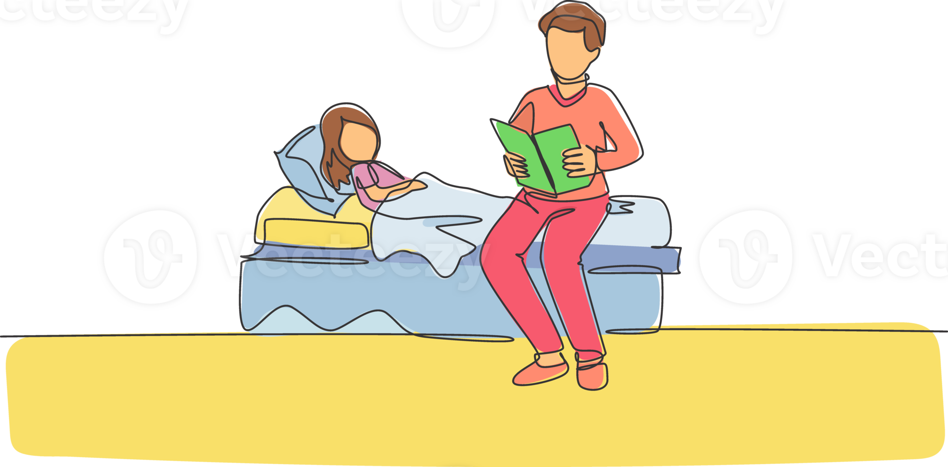 One continuous line drawing of young dad siting on bed room and reading story book to his daughter before sleeping. Happy family parenthood concept. Dynamic single line draw design illustration png