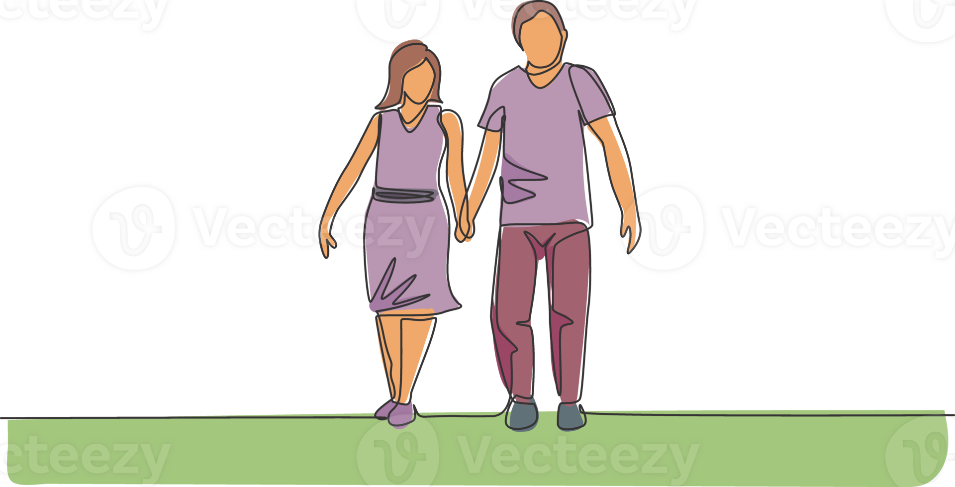 One continuous line drawing of young couple wife and husband walking and holding hand together at park. Happy family parenting concept. Dynamic single line draw design illustration png