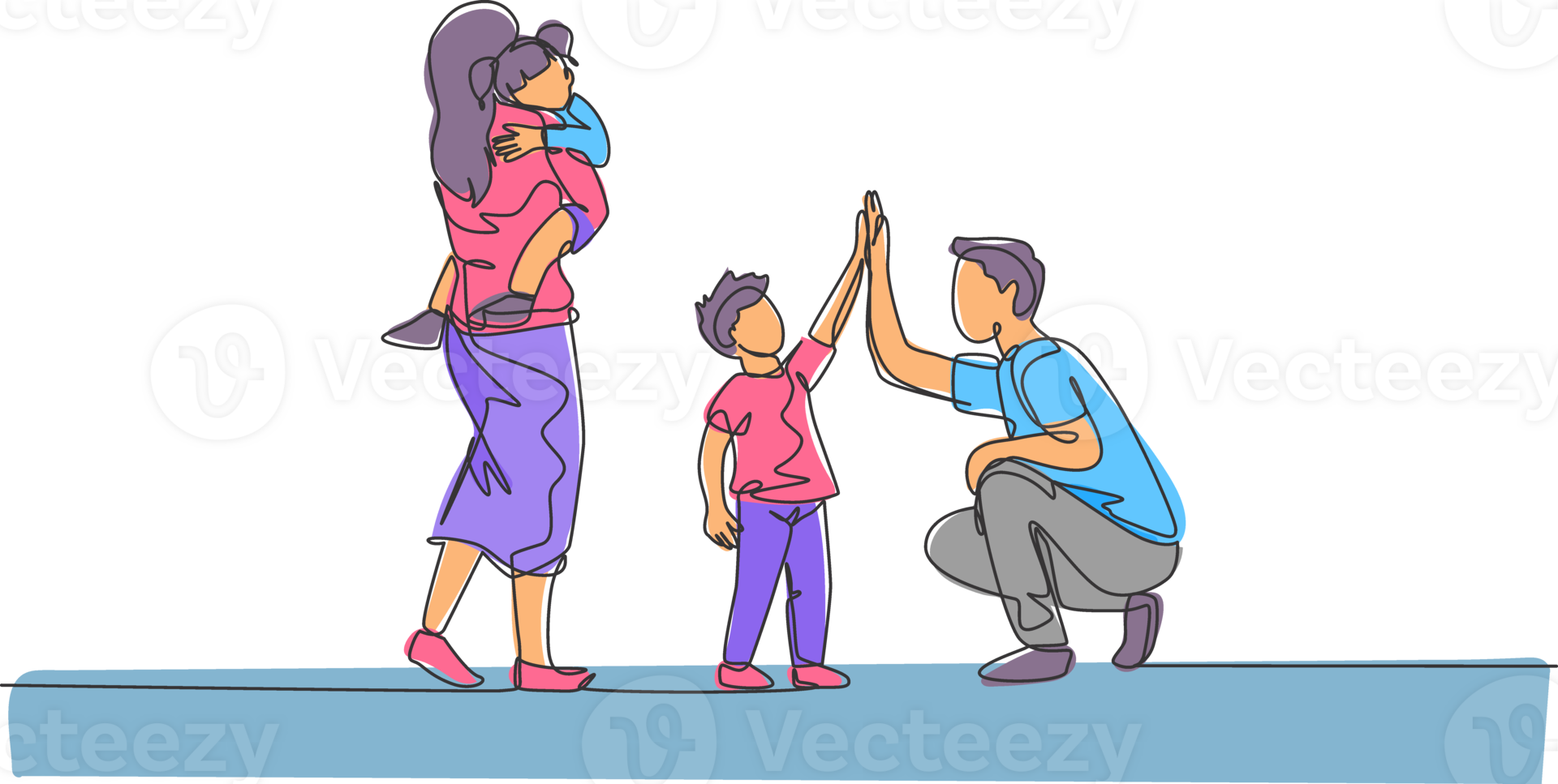One single line drawing of young father giving high five to his son while mother carrying sleepy daughter illustration. Happy family parenting concept. Modern continuous line draw design png