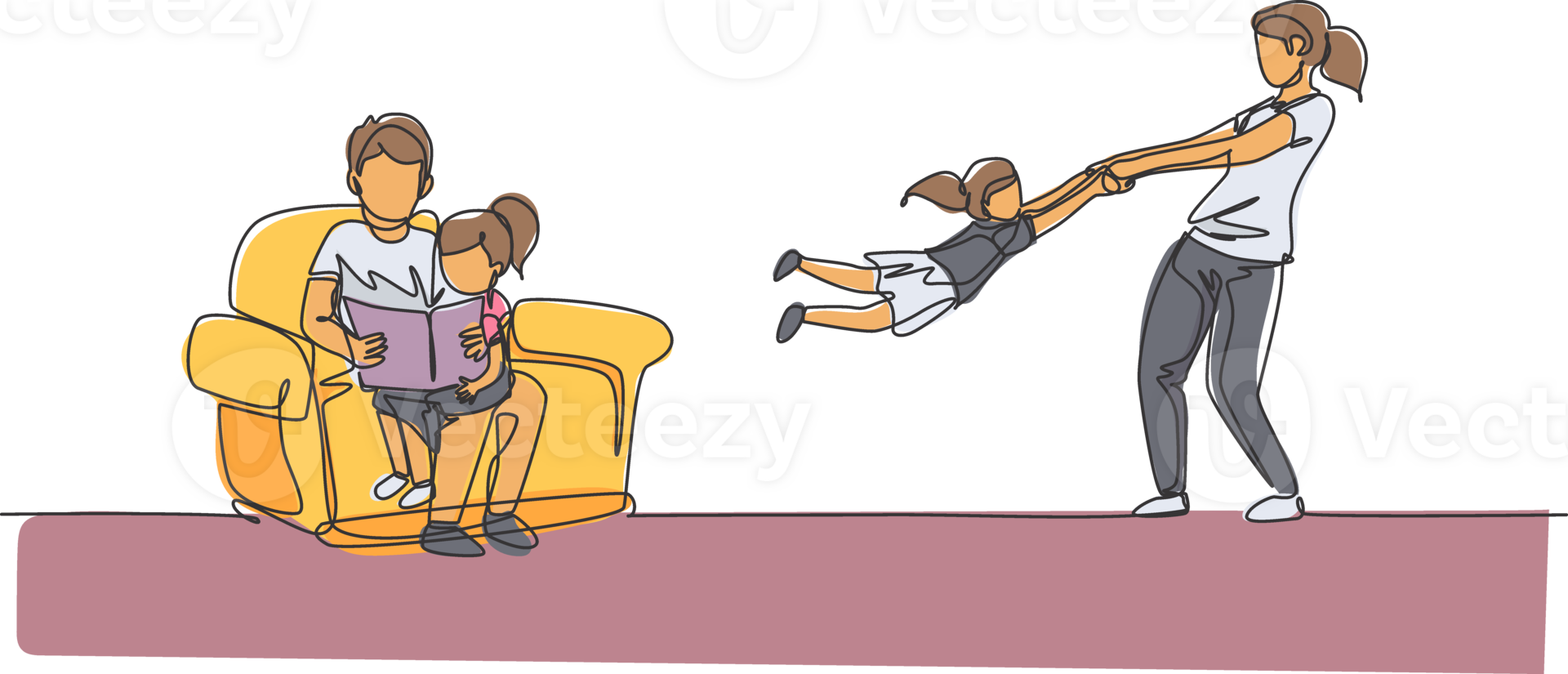 One continuous line drawing of young mom playing with daughter while dad sitting on sofa and reading book. Happy family parenting concept. Dynamic single line draw design illustration png