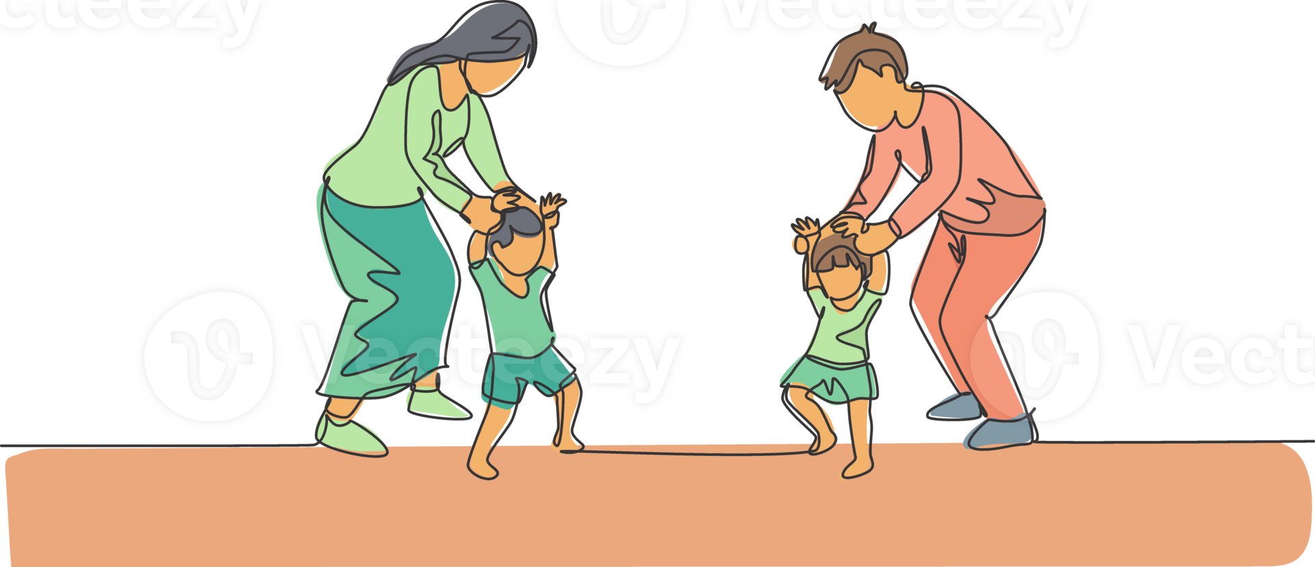 One single line drawing of young parents teaching their twin kids to walk at home illustration. Happy family parenting concept. Modern continuous line draw design png