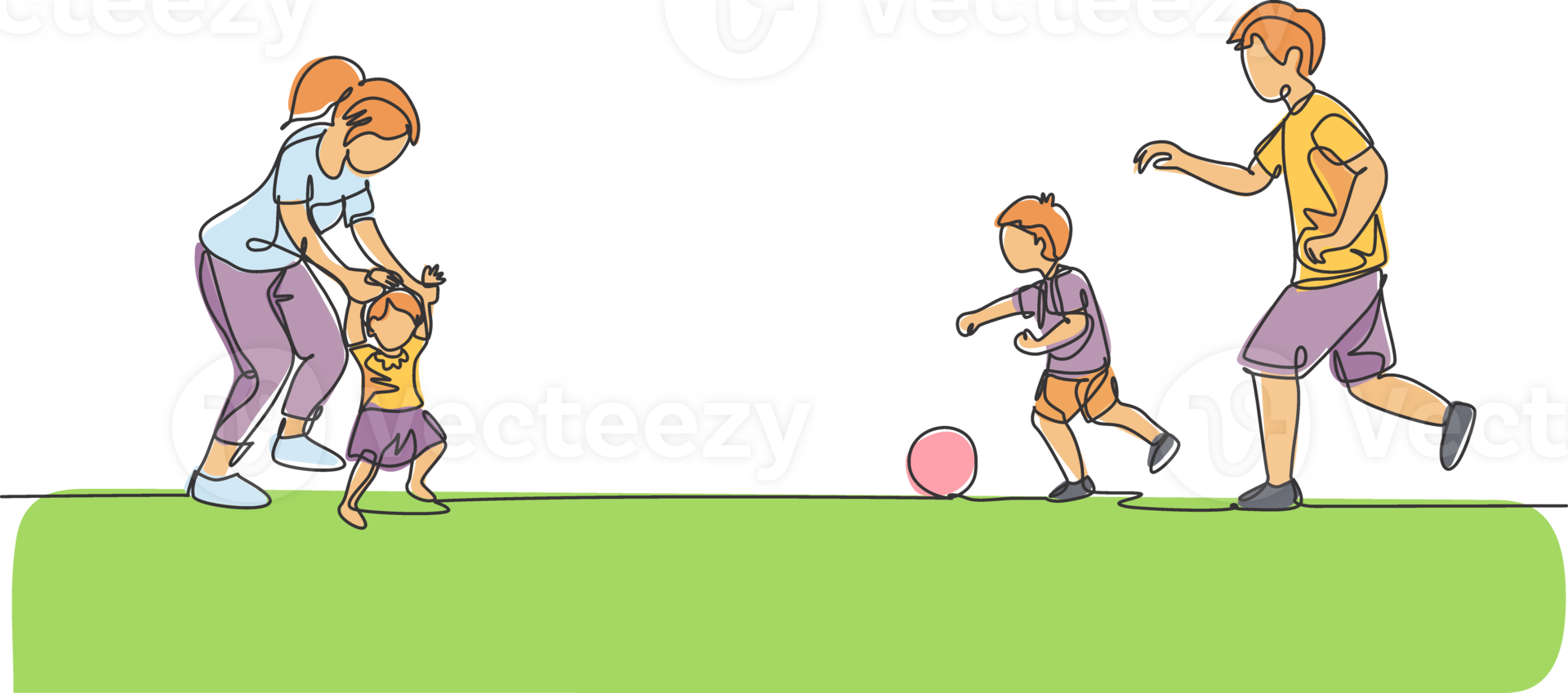 One continuous line drawing of young father playing soccer with son while mother teaching daughter to walk at field. Happy family parenting concept. Dynamic single line draw design illustration png