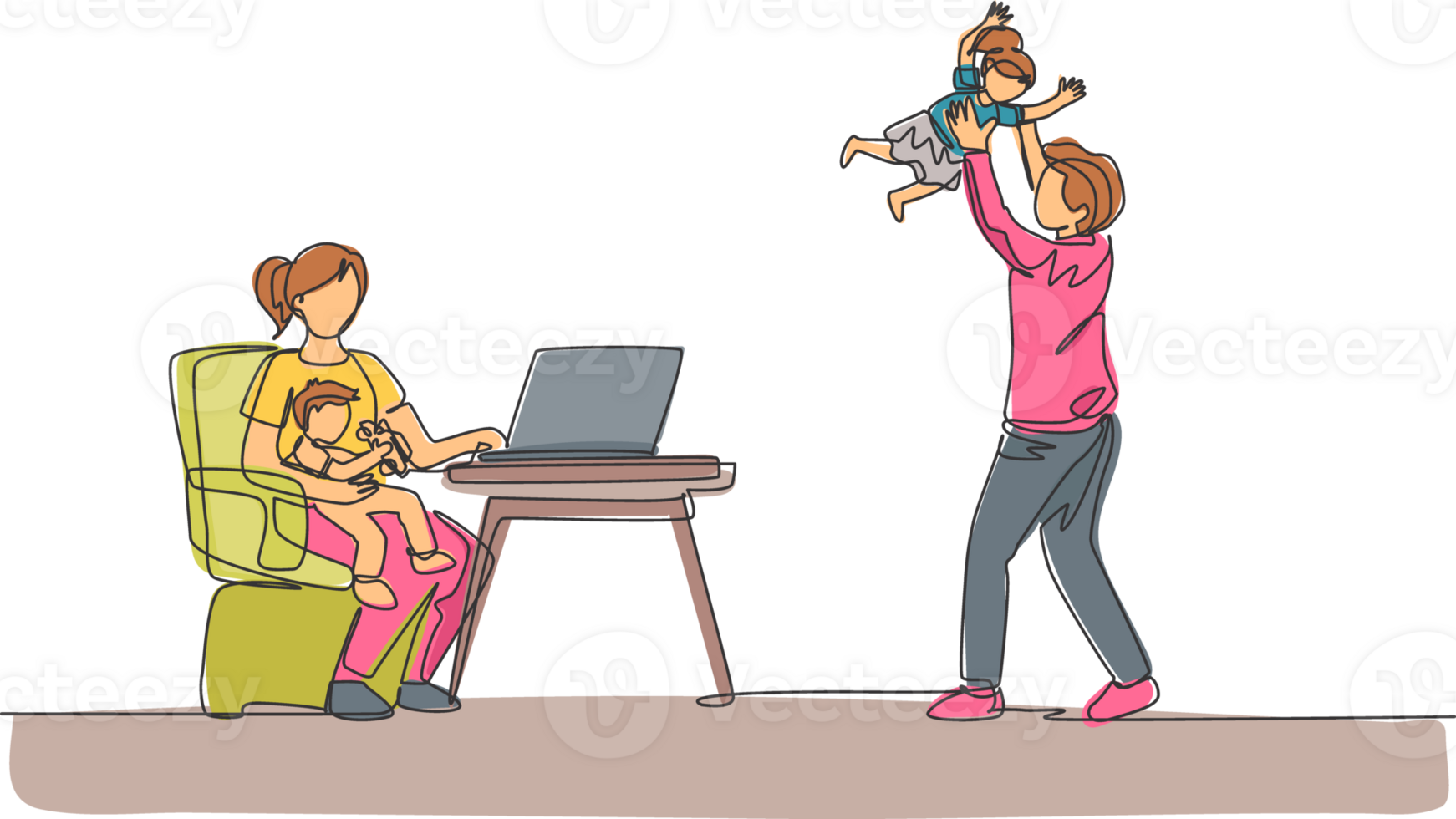 One continuous line drawing of young mother work typing on laptop and father playing with daughter at home. Happy family parenting concept. Dynamic single line draw design illustration png