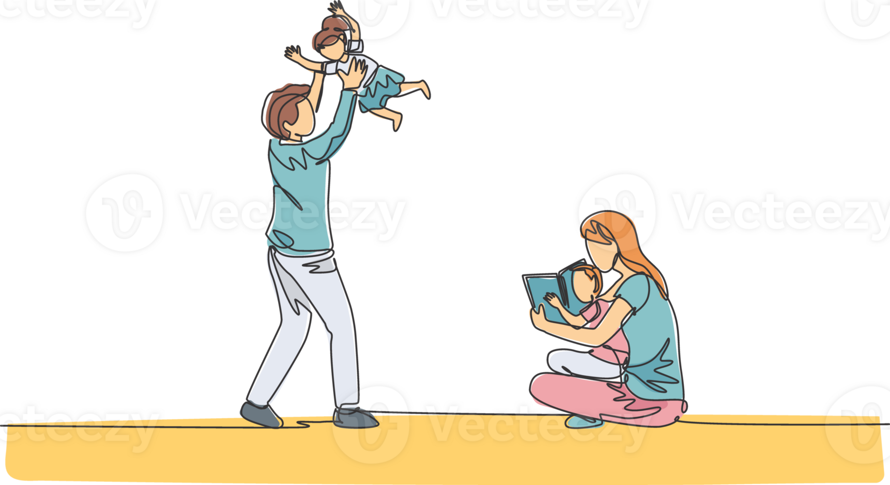 One single line drawing of young mother sitting on floor and reading book to son while father playing with daughter illustration. Happy family parenting concept. Continuous line draw design png