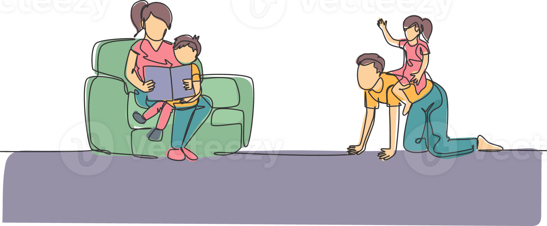 One continuous line drawing of young play with daughter while mother sitting on sofa and reading book to son. Happy family parenting concept. Dynamic single line draw design illustration png