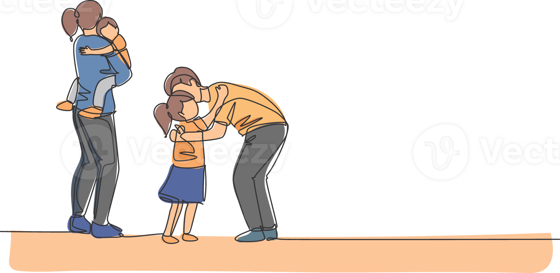 One continuous line drawing of young father hugging his daughter before go to the office while mother carrying son at home. Happy family parenting concept. Single line draw design illustration png