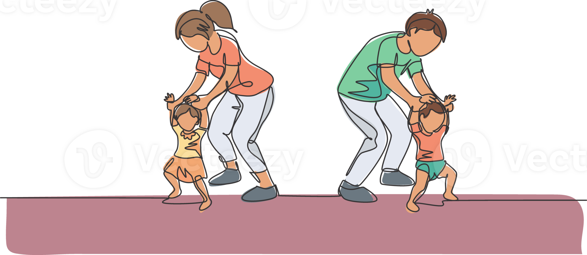 One single line drawing of young parents teaching their twin kids to walk at home illustration. Happy family parenting concept. Modern continuous line draw design png