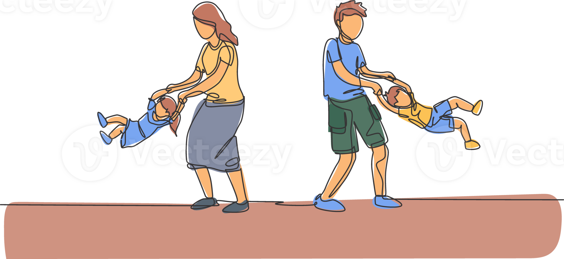 One continuous line drawing of young mom and dad playing with their son and daughter, swinging into the air at home. Happy family parenting concept. Dynamic single line draw design illustration png