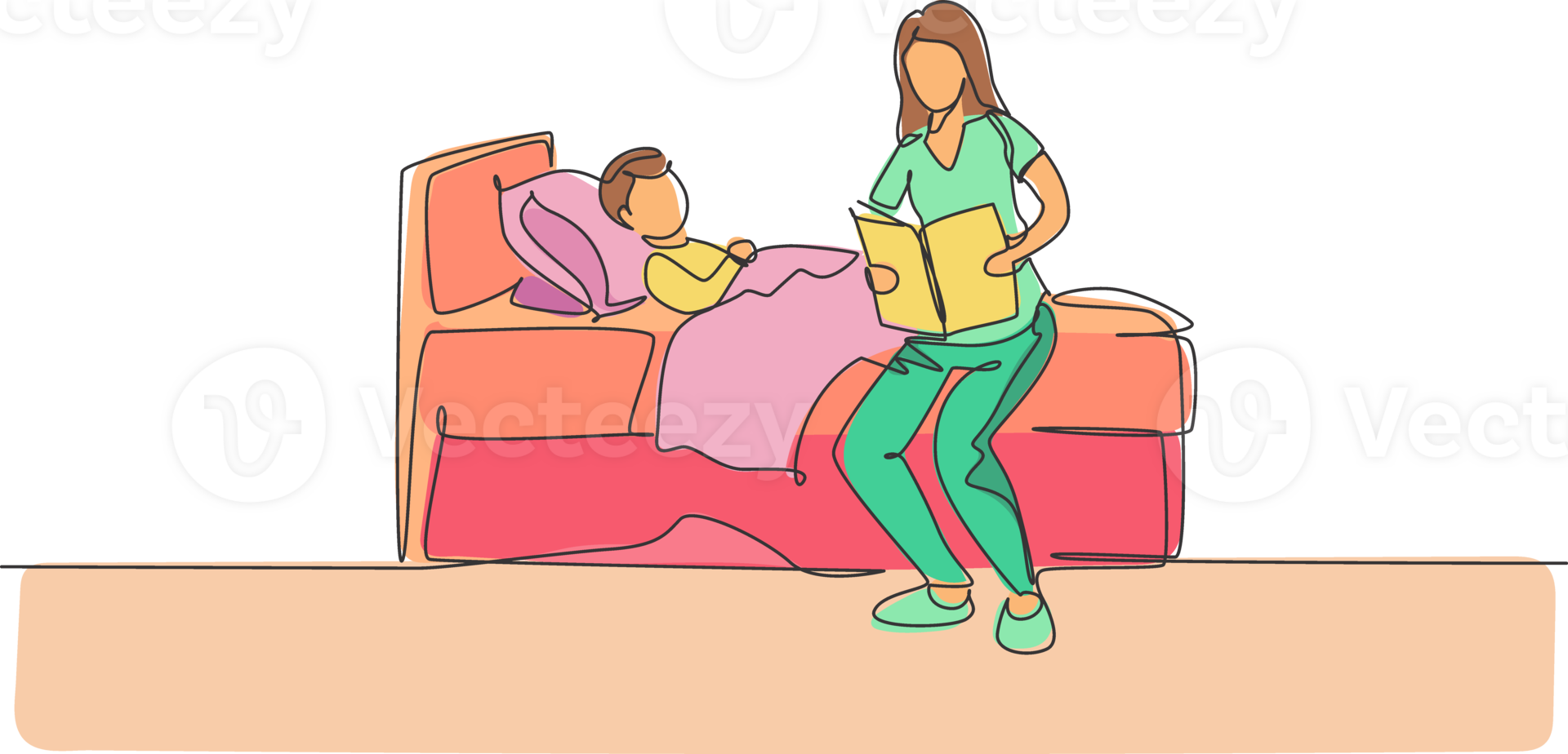 Single continuous line drawing young mother siting on bedroom and reading story book to her son before sleeping. Happy family parenting concept. Trendy one line draw graphic design illustration png