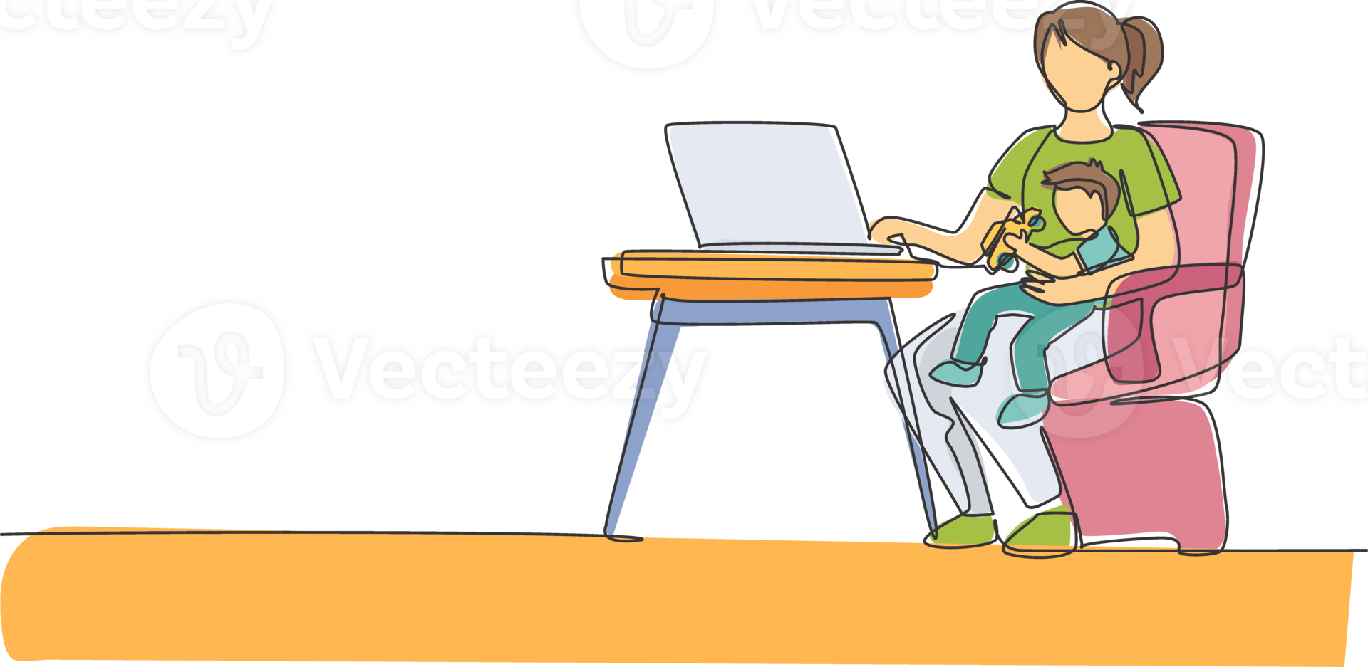 Single continuous line drawing of young mom siting on chair and holding her son while typing on laptop, work from home. Happy family parenting concept. One line draw design illustration graphic png