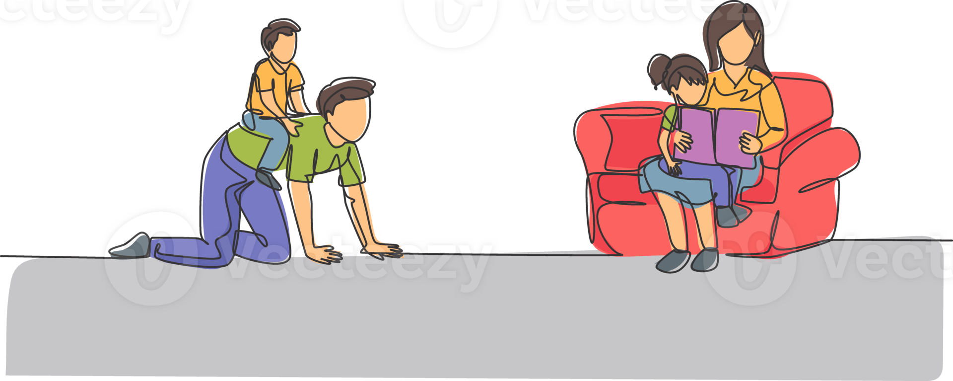 Single continuous line drawing of young father play with son while mother sitting on sofa and reading book to daughter. Happy family parenting concept. Trendy one line draw design illustration png