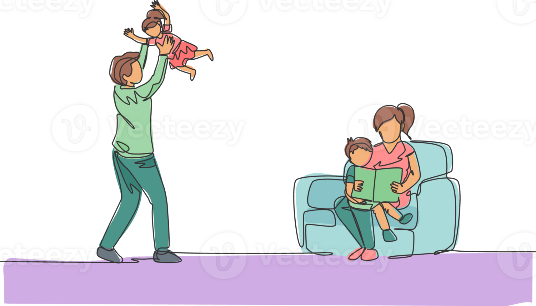 Single continuous line drawing of young mother sitting on sofa and reading book to son while father play with daughter at home. Happy family parenting concept. One line draw design illustration png