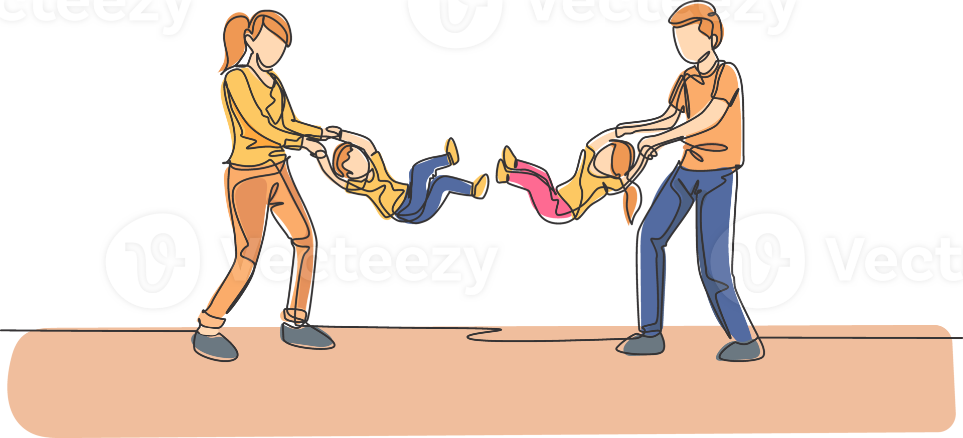 One single line drawing of young father and mother playing with their son and daughter, swinging into the air at home illustration. Happy family parenting concept. Continuous line draw design png