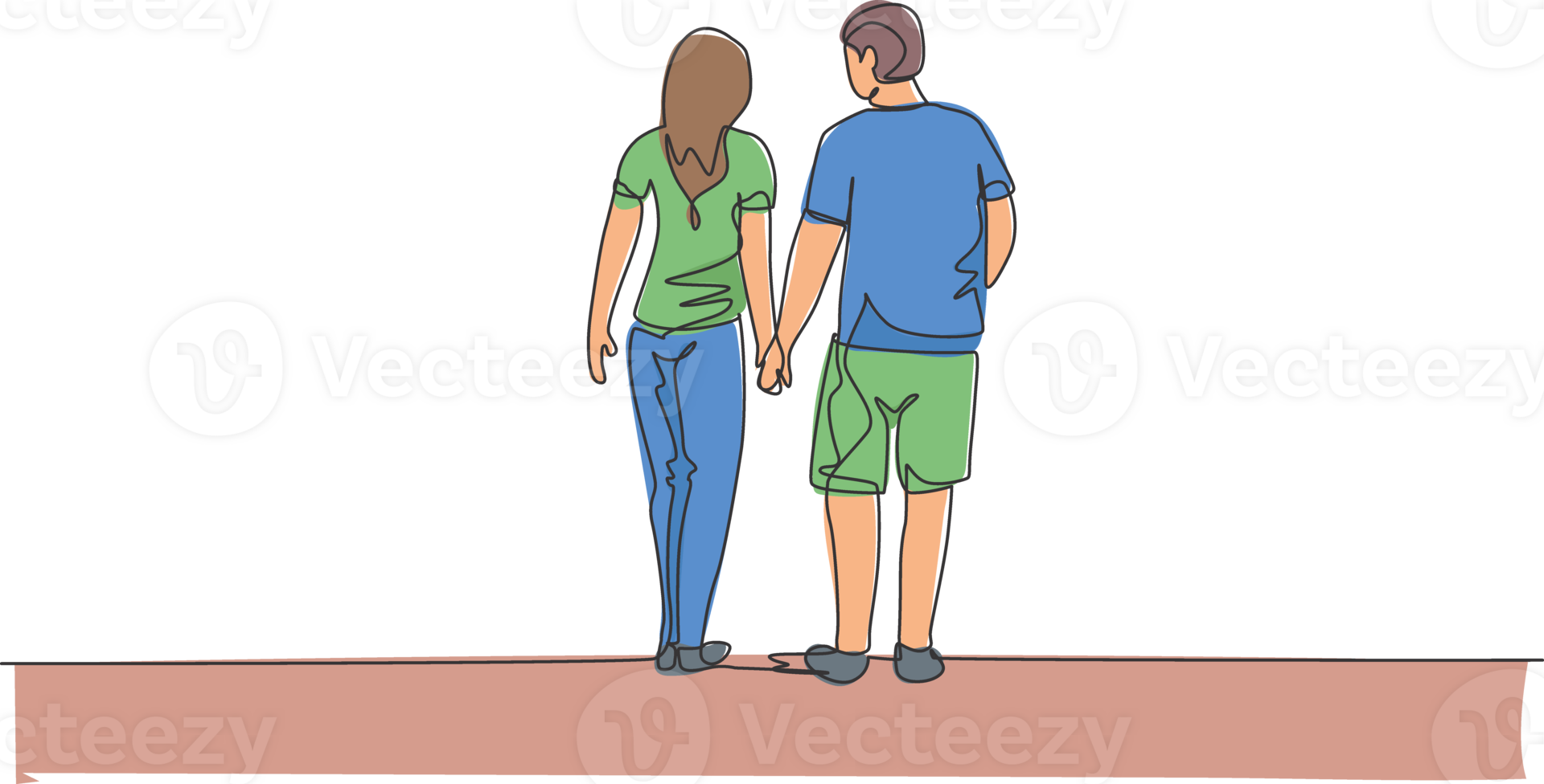 One continuous line drawing of young couple wife and husband walking and holding hand together, back view. Happy family parenting concept. Dynamic single line draw design illustration png