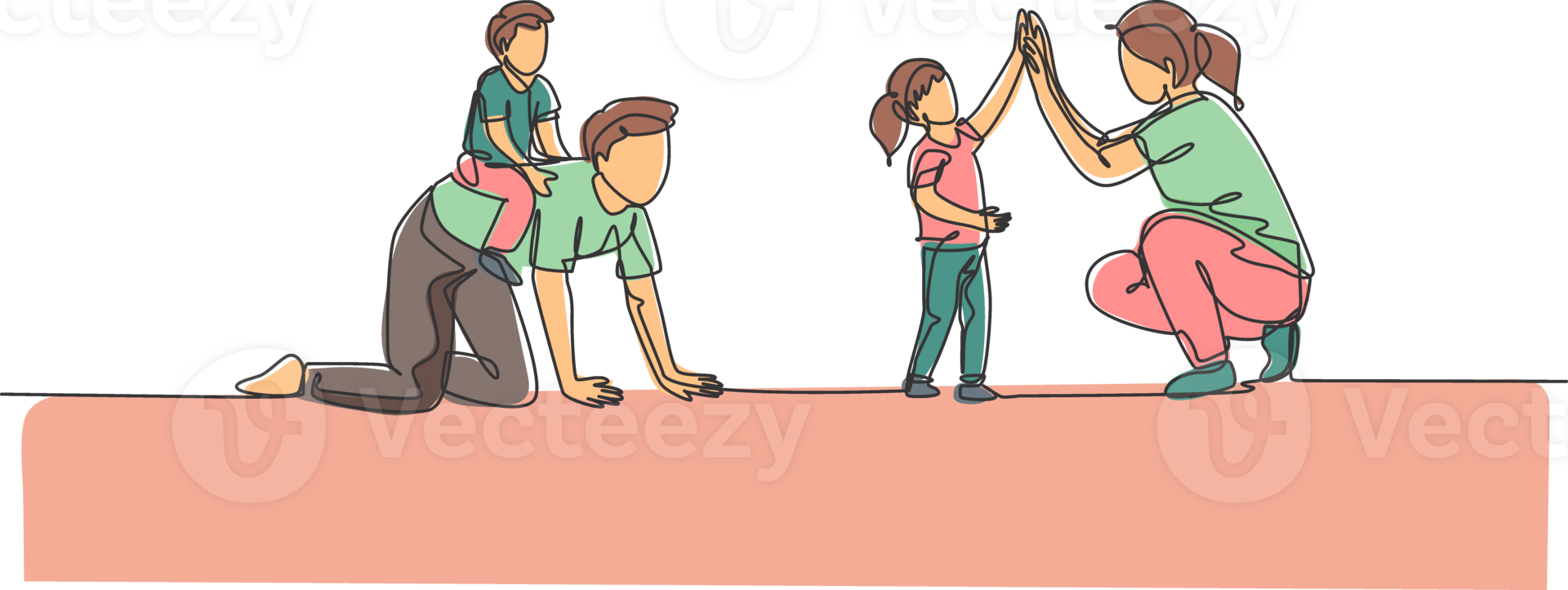 One continuous line drawing of young mother giving high five to daughter while son ride on dad's back at home. Happy family parenting concept. Dynamic single line draw design illustration png