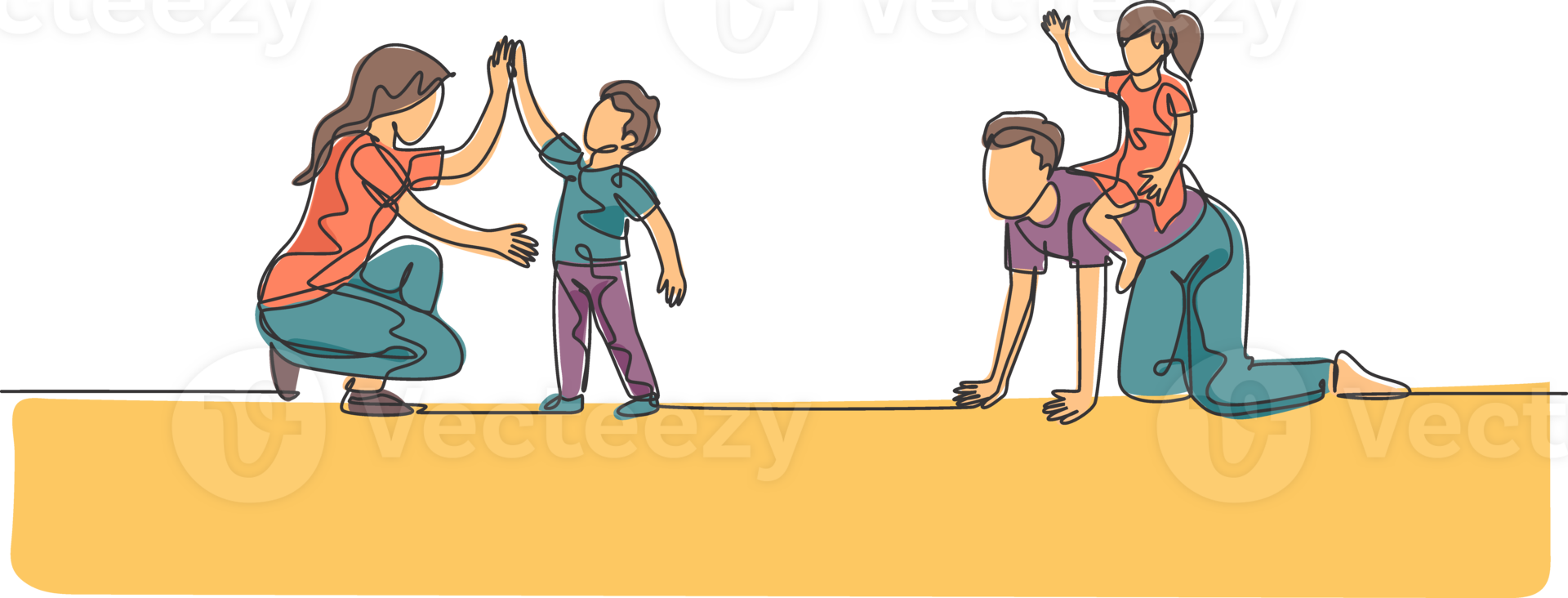 Single continuous line drawing of young mother and father playing with their children at home, giving high five. Happy family parenting concept. Trendy one line draw design illustration png