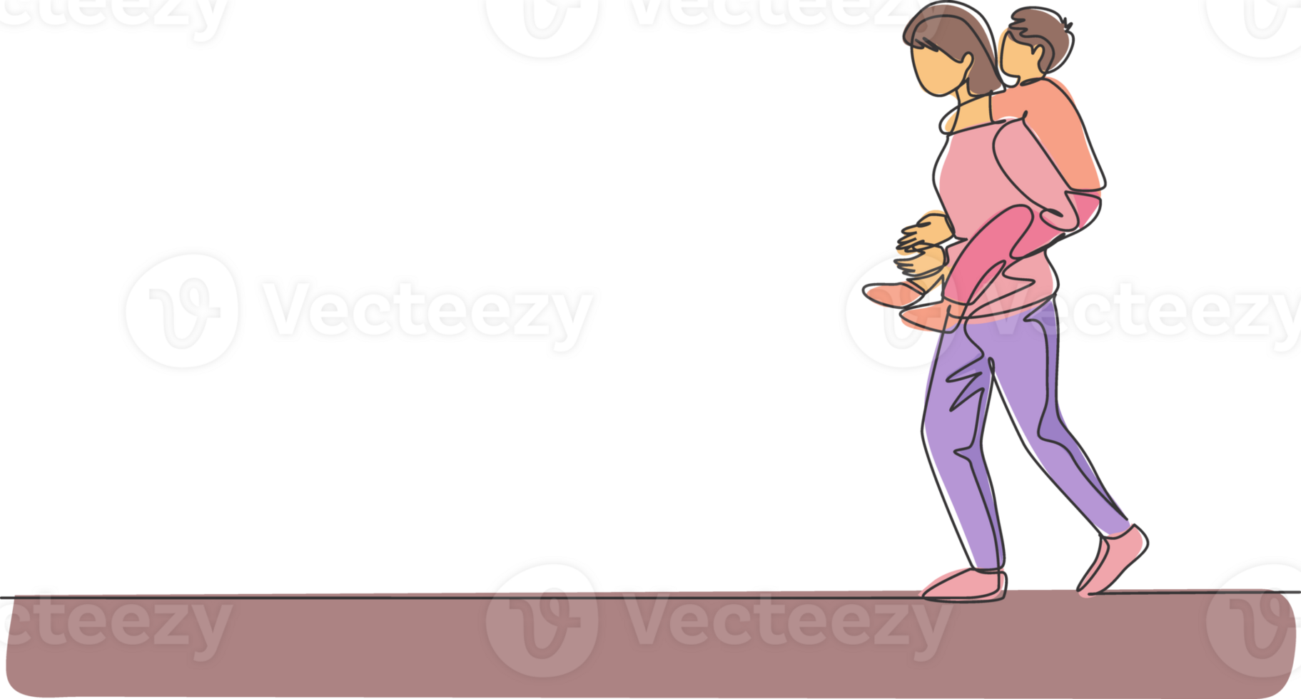 One continuous line drawing of young mother walking while carrying her sleepy tired son on back go to the bed room. Happy family parenthood concept. Dynamic single line draw design illustration png