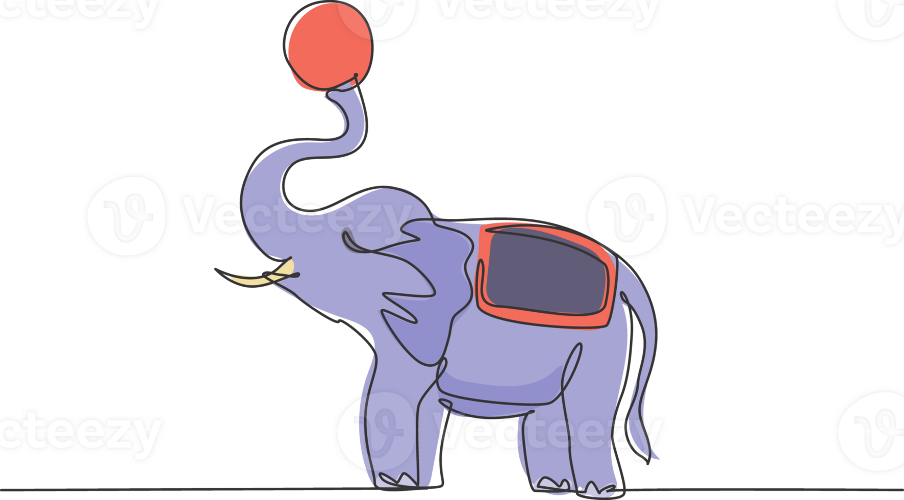 Single one line drawing of an elephant stands playing a ball at the end of its trunk. The circus audience was amazed by the show. Modern continuous line draw design graphic illustration. png