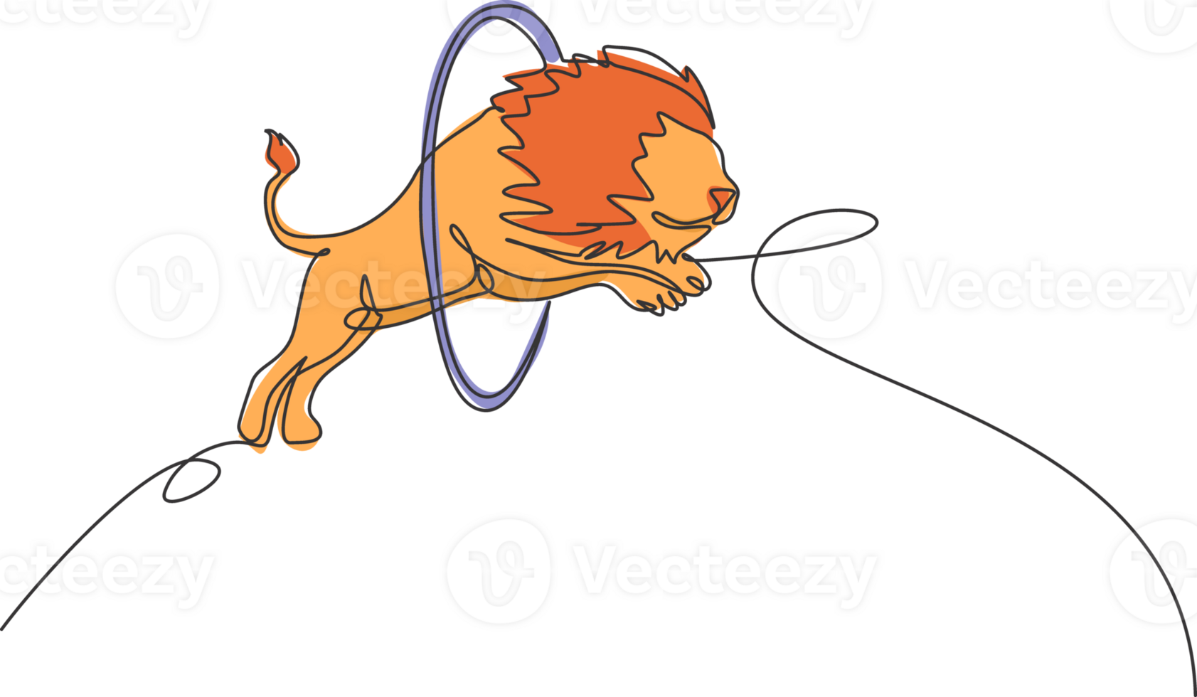 Single one line drawing of a lion jumping into the circle at a circus show. The trainer is watching carefully. Successful circus show concept. Continuous line draw design graphic illustration. png