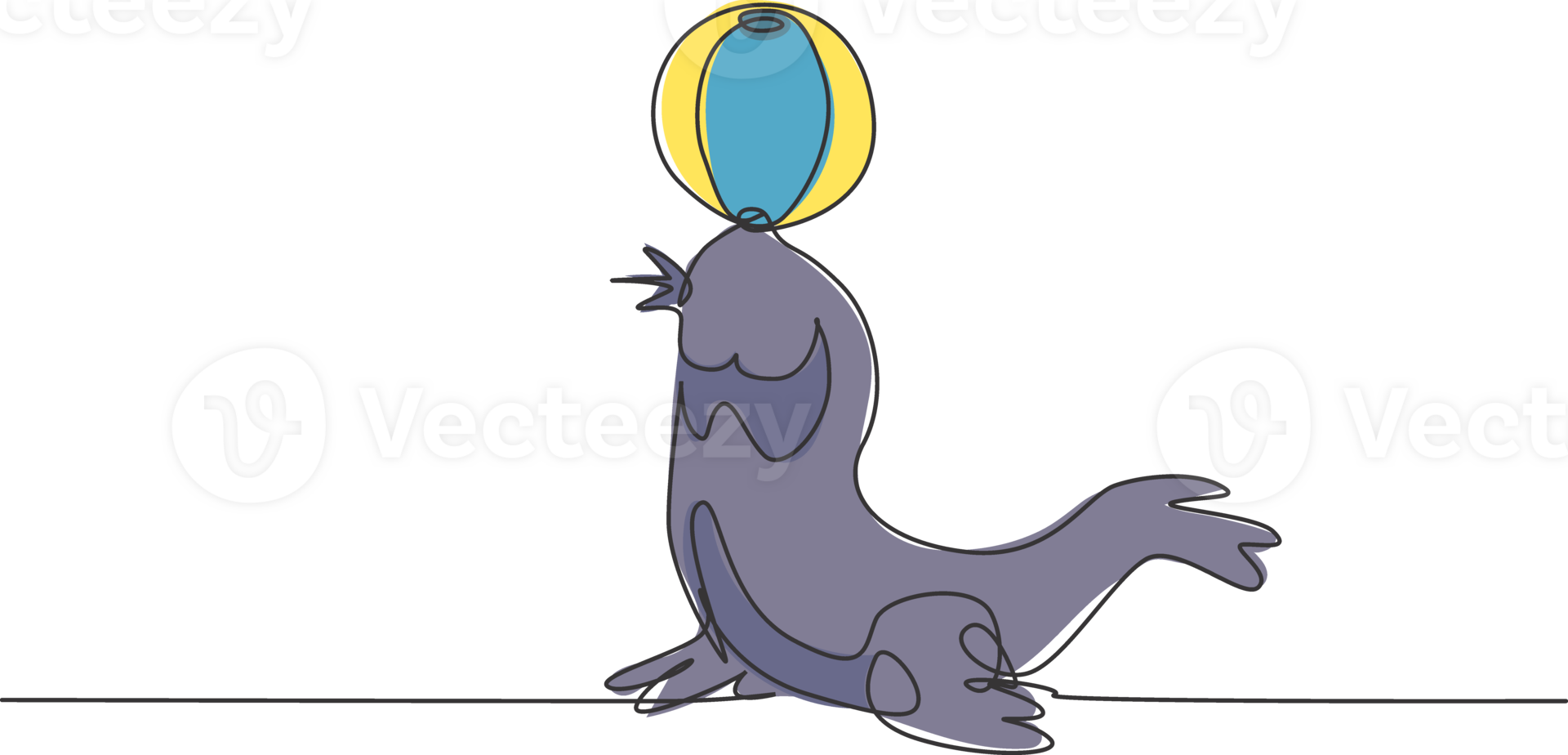 Single continuous line drawing a sea lion playing a stunt with a striped ball in its mouth. Sea lions are highly trained in performance. Dynamic one line draw graphic design illustration. png