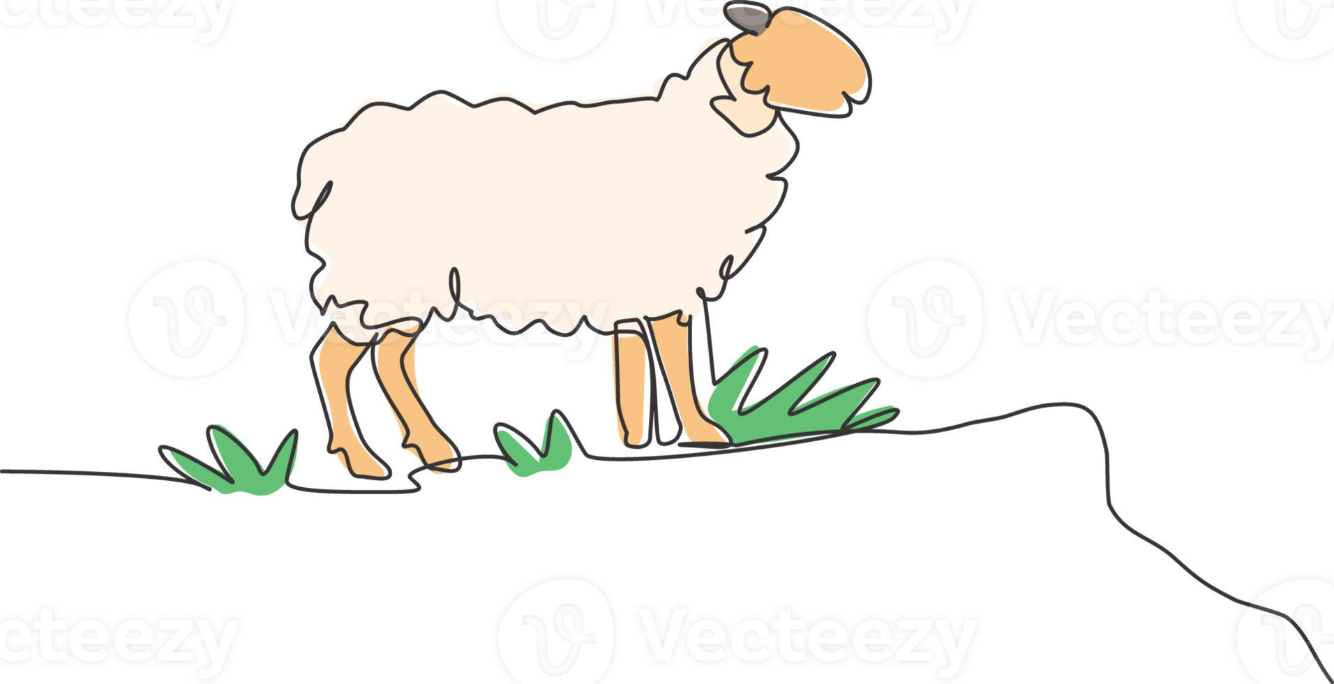 Single continuous line drawing of the sheep were standing on the edge of the meadow looking for food. Successful farming minimalism concept. Dynamic one line draw graphic design illustration. png