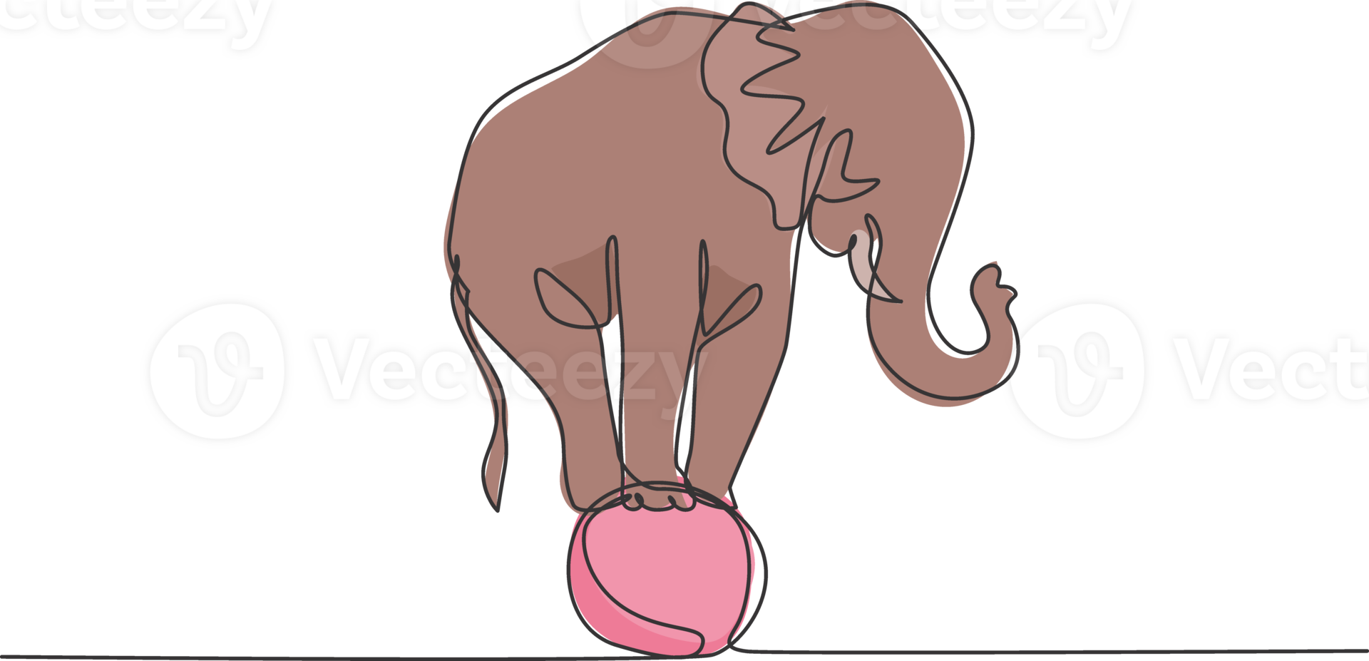 Single continuous line drawing a cute elephant stands on the ball with all fours awaiting further instructions from the trainer. Good circus show. One line draw graphic design illustration. png